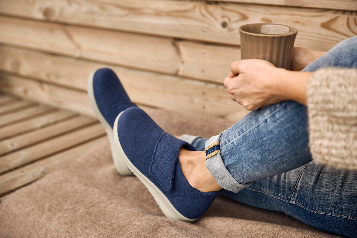New Feet Blå Uld Filt Sko Med Velcrorem