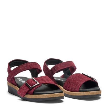 New Feet Damesandal med velcro og spænde, Ruskind, Vinrød