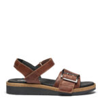 New Feet Damesandal med velcro og spænde, glat læder, Brun - Billede 2