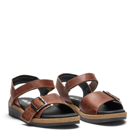 New Feet Damesandal med velcro og spænde, glat læder, Brun