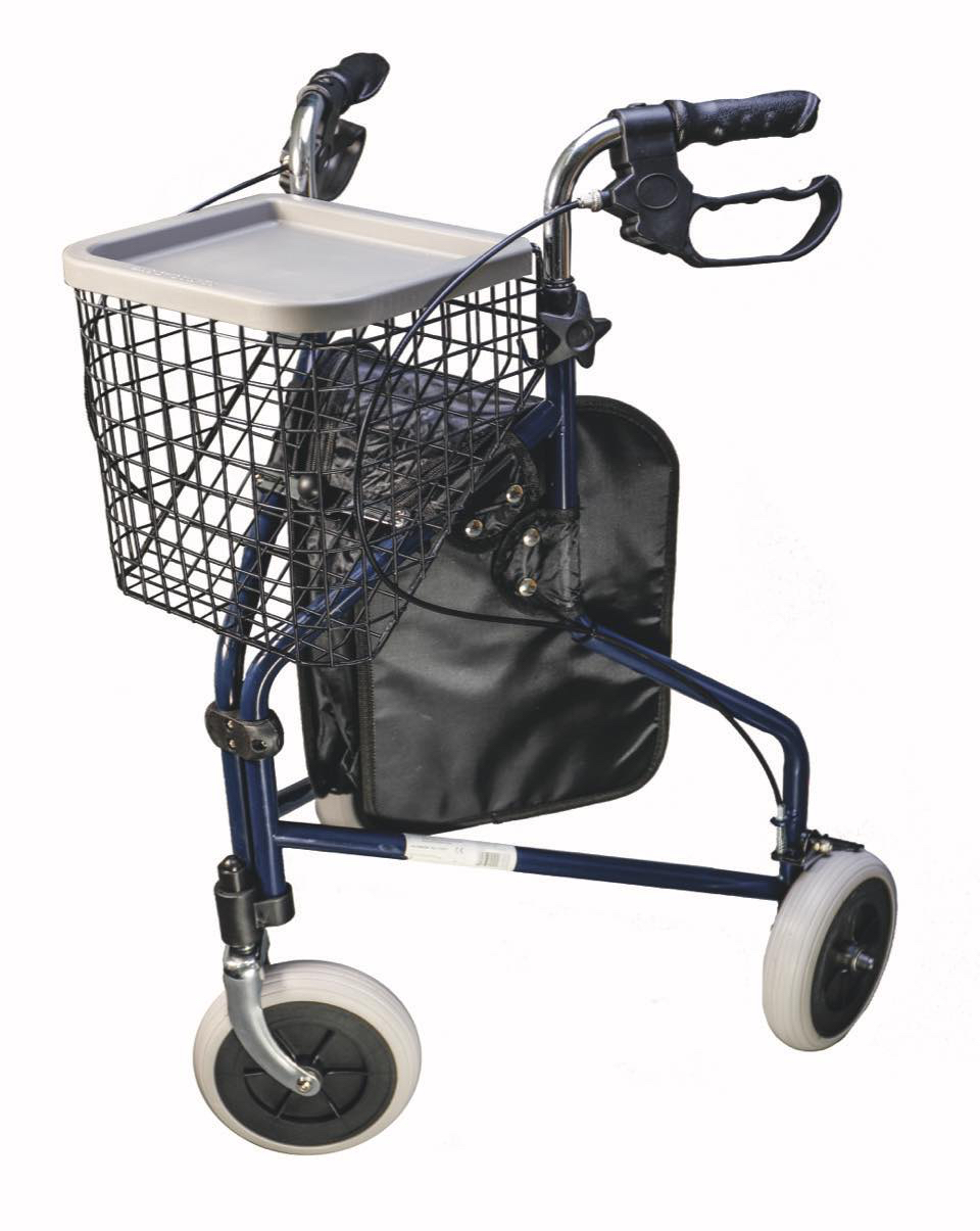 Rollator med 3 hjul, bakke og kurv